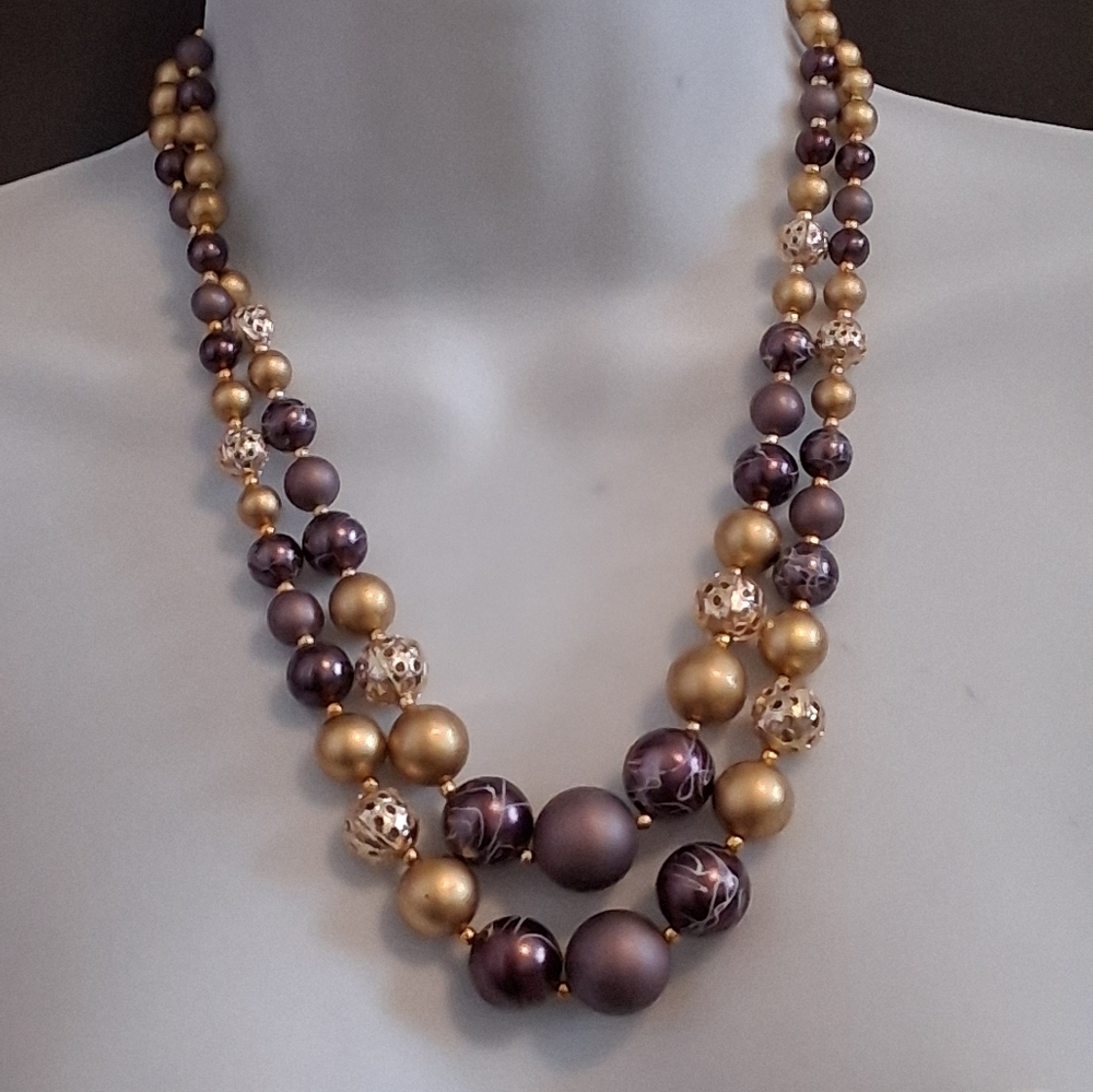 Mid Century Purple/Gold Bead Necklace